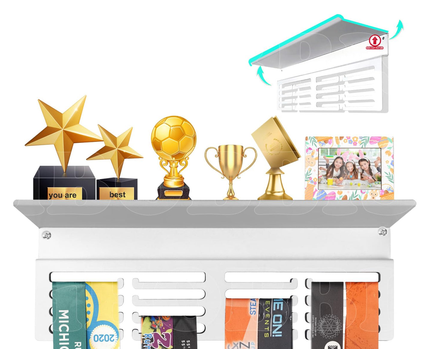 iBobbish Non-Slip White Medal Hanger Display Trophy Shelf,Medal Hanger Display For Wall,Race Medal Display Upgraded Medal Holder Display For gymanstics,race,soccer,swim