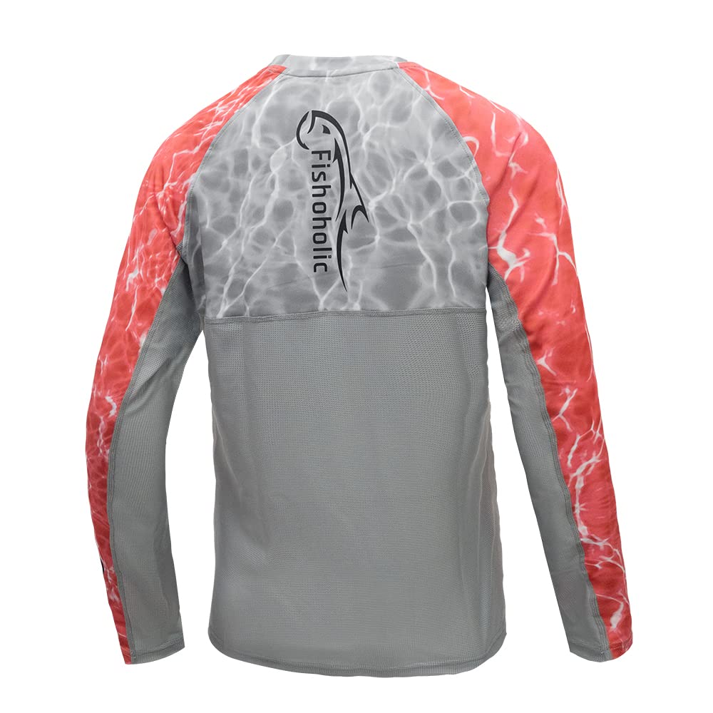Fishoholic UPF 50 Women's Performance Fishing Shirt - Long Sleeve - Women's Cut - Breathable Quick Dry Sun Protection (wm-LS-gryCORALh2o-1X)