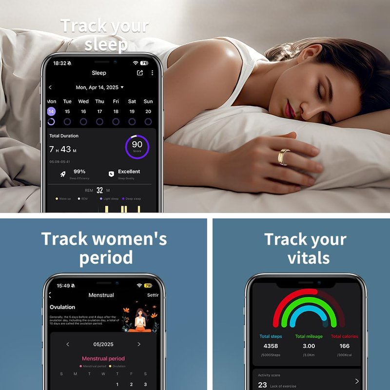 UouNeaCo New Smart Ring for Women and Men, Fitness Tracker with Heart Rate Monitor, Sleep Tracker,100+ Sport Modes, Step Counter, IP68 Waterproof, No Subscription Fee for iOS/Android (Black, 10)