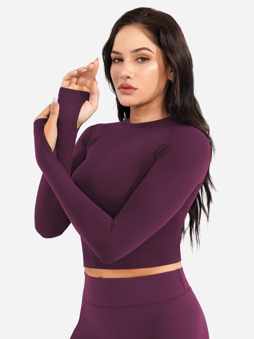 YEOREO Women Workout Gym Tops Basic Long Sleeve Shirt Slim Fitted Casual Stretchy Thin Active Running Yoga Crop Top Black Cherry S