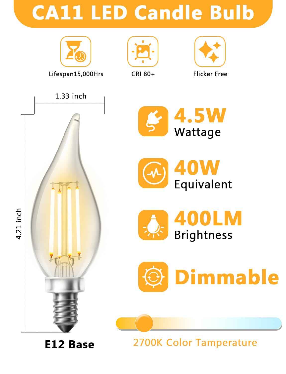 DAYBETTER Chandelier Light Bulbs, Candelabra Light Bulbs 40 Watt Equivalent E12 LED Bulb Dimmable, 2700K Soft Warm White, 4.5W 400LM, Flame Tip Vintage Candle Light Bulb, 12 Pack