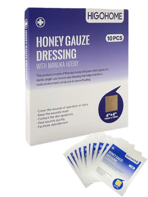 HIGOHOME Manuka Honey Gauze Dressing, 4"x4"- 10 Individual Pack, Manuka Honey Wound Care Gauze, for Cuts, Scald and Burns for Wound Healing Dressing