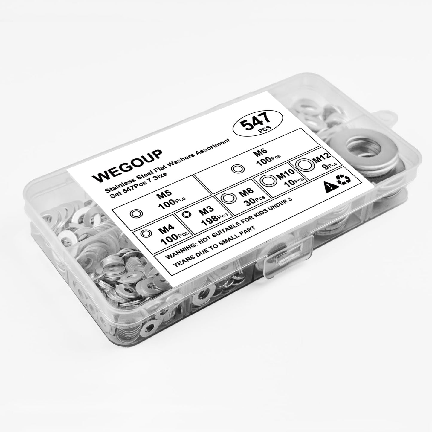 Kviceo Stainless Steel Flat Washer Set – 18-8 (304) Stainless Steel, Assorted Sizes for Automotive, Home, Industrial & DIY Use, with Plastic Case (547, M3, M4, M5, M6, M8, M10, M12)