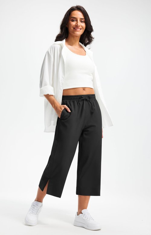 Libin Wide Leg Capri Pants for Women Lightweight Quick Dry Casual Slacks Lounge Travel Pants with Pockets Loose Fit Trousers Hiking Walking Summer, Black L