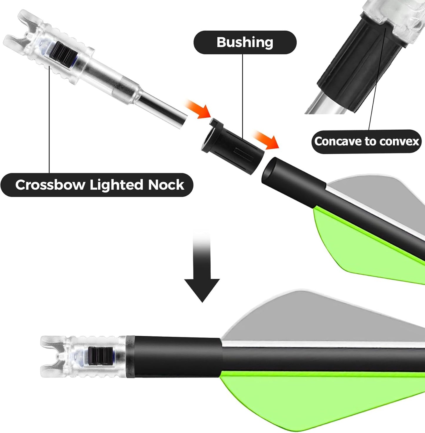 Skiennix 6 Pack Universal Lighted Crossbow Nocks - Fits .285, .297, .300, .305 Bolts | Half-Moon Design