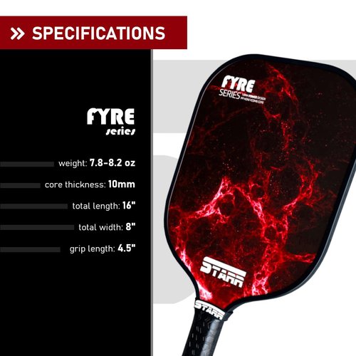 STARR Fyre Series Pickleball Paddle | 10mm Honeycomb Core | Fiber Glass Power Surface (Red)