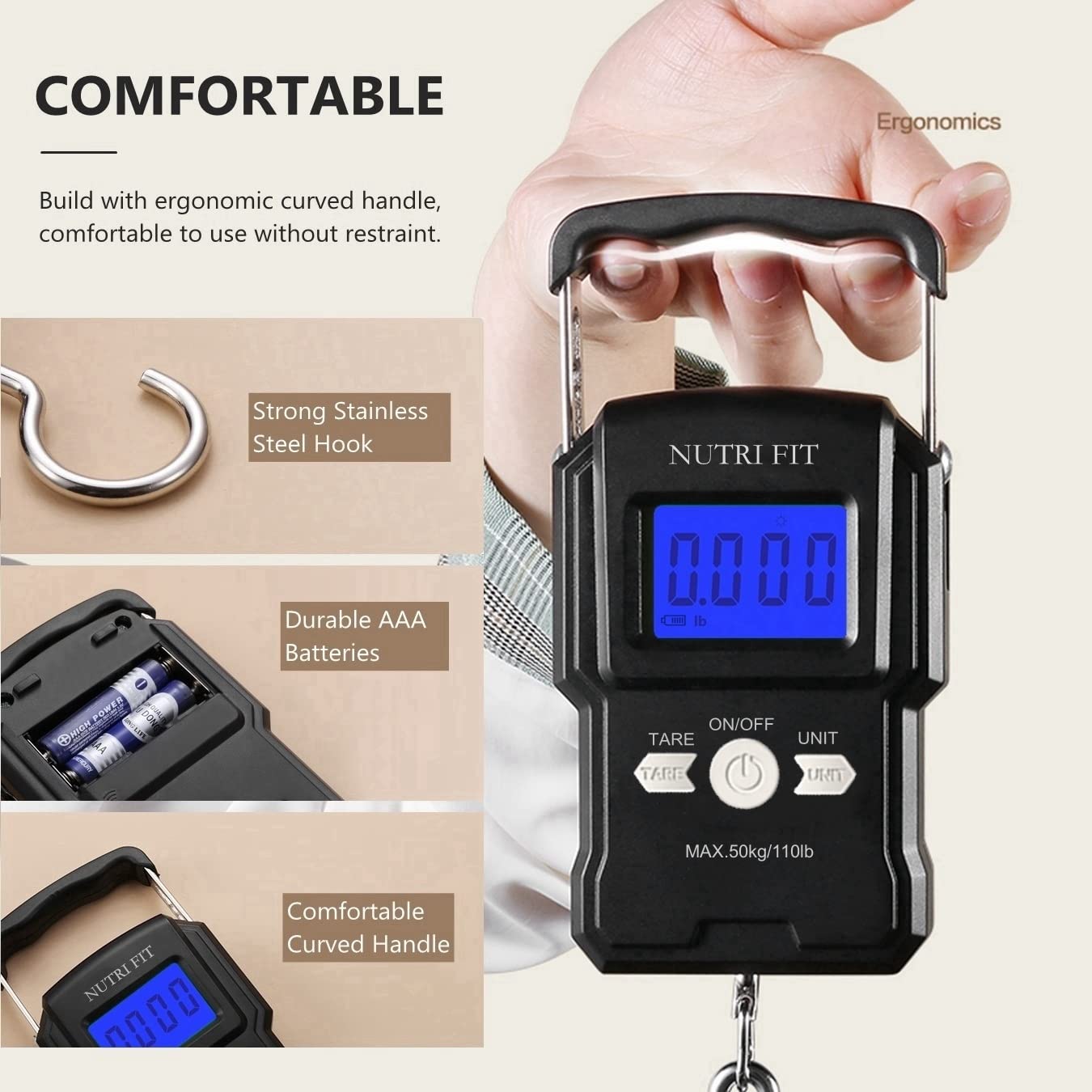 NUTRI FIT Digital Luggage Scale - Portable Handheld Weighing Scale for Travel | 110lb Capacity