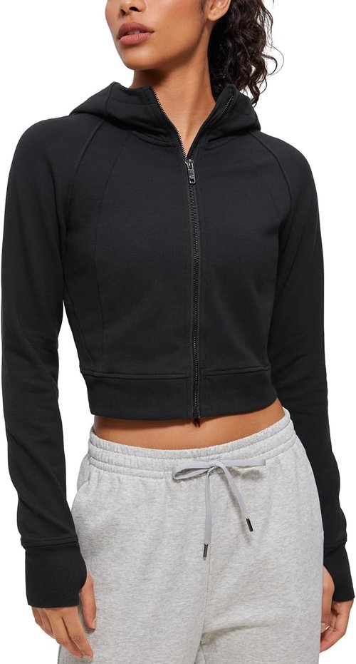 CRZ YOGA Fleece Zip-Up Cropped Hoodie - Women's Athletic Jacket with Thumb Holes | Casual Long Sleeve