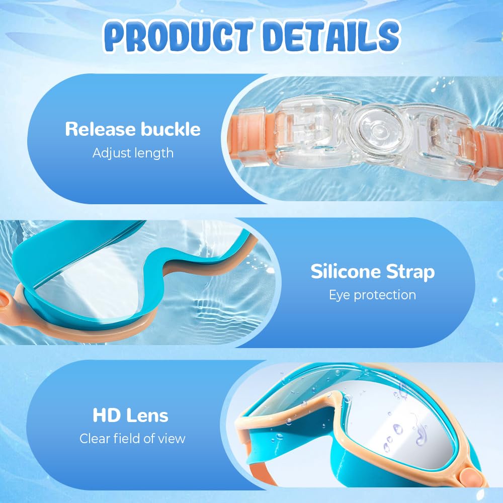 Teamoda Hd Children's Large Frame Waterproof and Anti-Fog Swimming Goggles, No Leakage Clear Beach Pool Goggles for Kids Boys Girls (Blue)