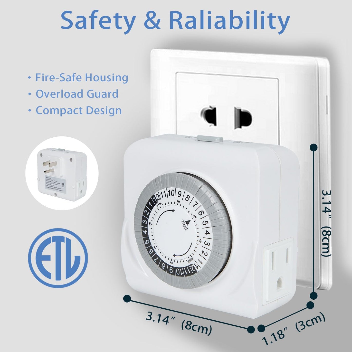 C-GLNKY 24-Hour Mechanical Timer for Electrical Outlets, Dual 3-Prong Outlets, 30-Minute Intervals, for Room Lights and Home appliances, 125V 15A, ETL Certified