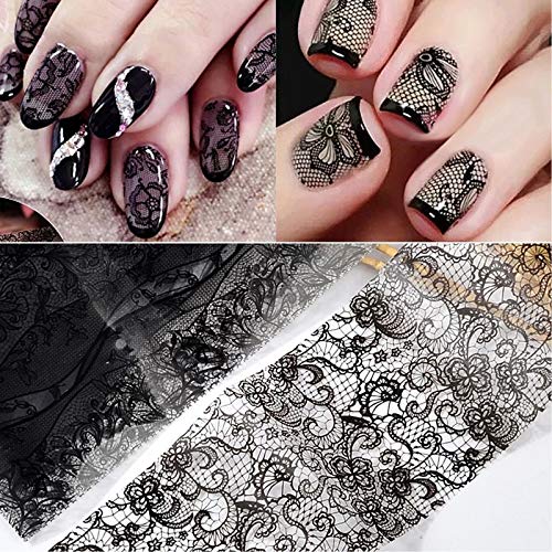 10 Rolls Black Lace Holographic Nail Foil Transfer Stickers - Colorful