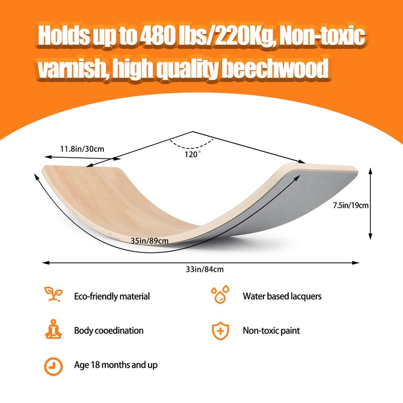 Wobble Balance Board for kids Toddler Open Ended Montessori Learning Toy, 35 Inch Natural Wood Rocker Board for Children's Room Yoga Classroom