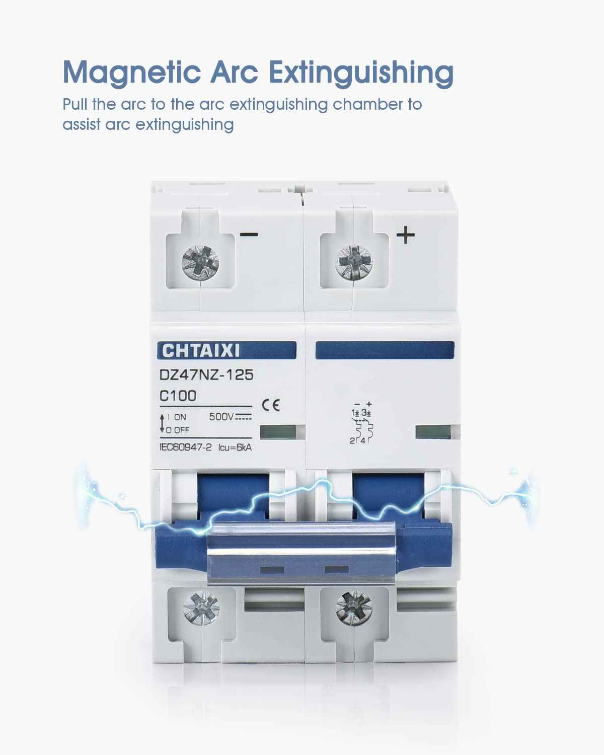 Chtaixi DC Miniature Circuit Breaker, 2 Pole 500V 80 Amp Isolator for Solar PV System, Thermal Magnetic Trip, DIN Rail Mount, High Current DC Disconnect Switch MCB 2P C80