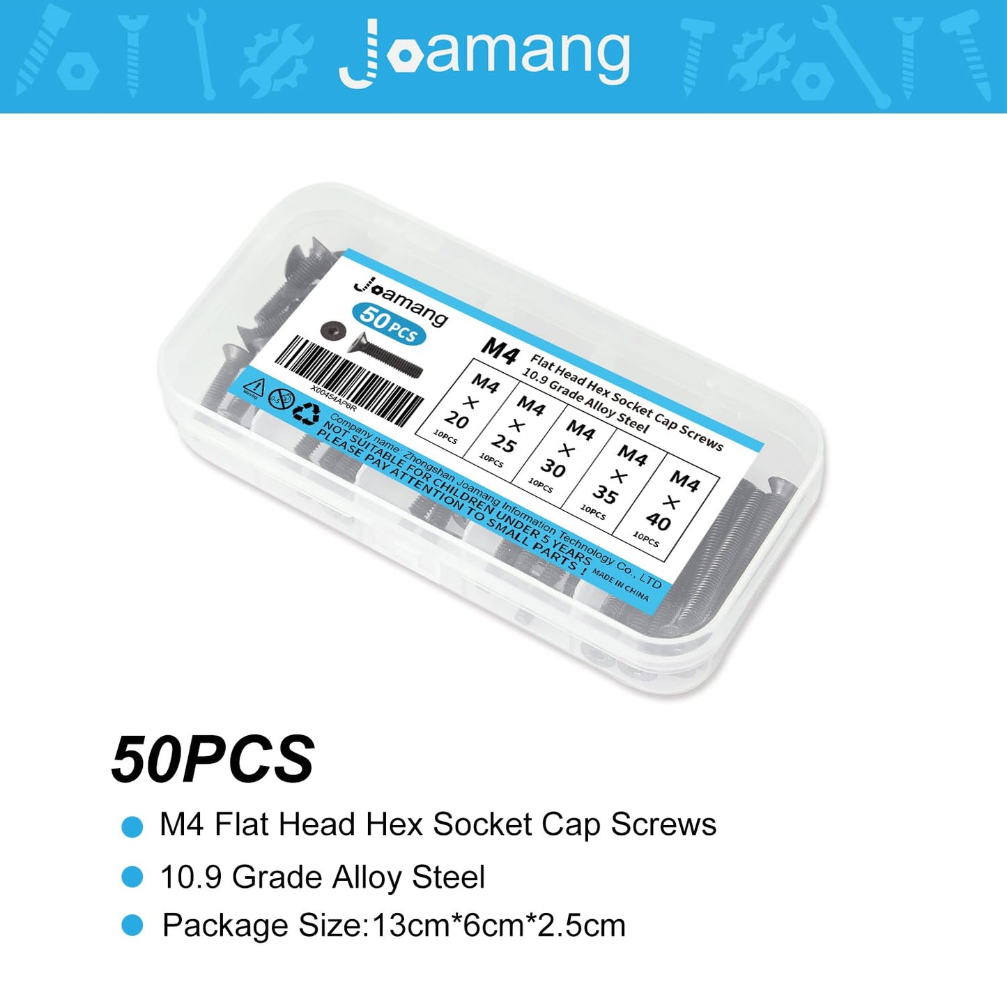 Joamang M4 x 20mm 25mm 30mm 35mm 40mm Flat Head Hex Socket Cap Screws Countersunk Bolts, 10.9 Grade Alloy Steel, Black Oxide Finish, Metric Allen Hex Drive, Fully Threaded, Assortment Kit 50Pcs