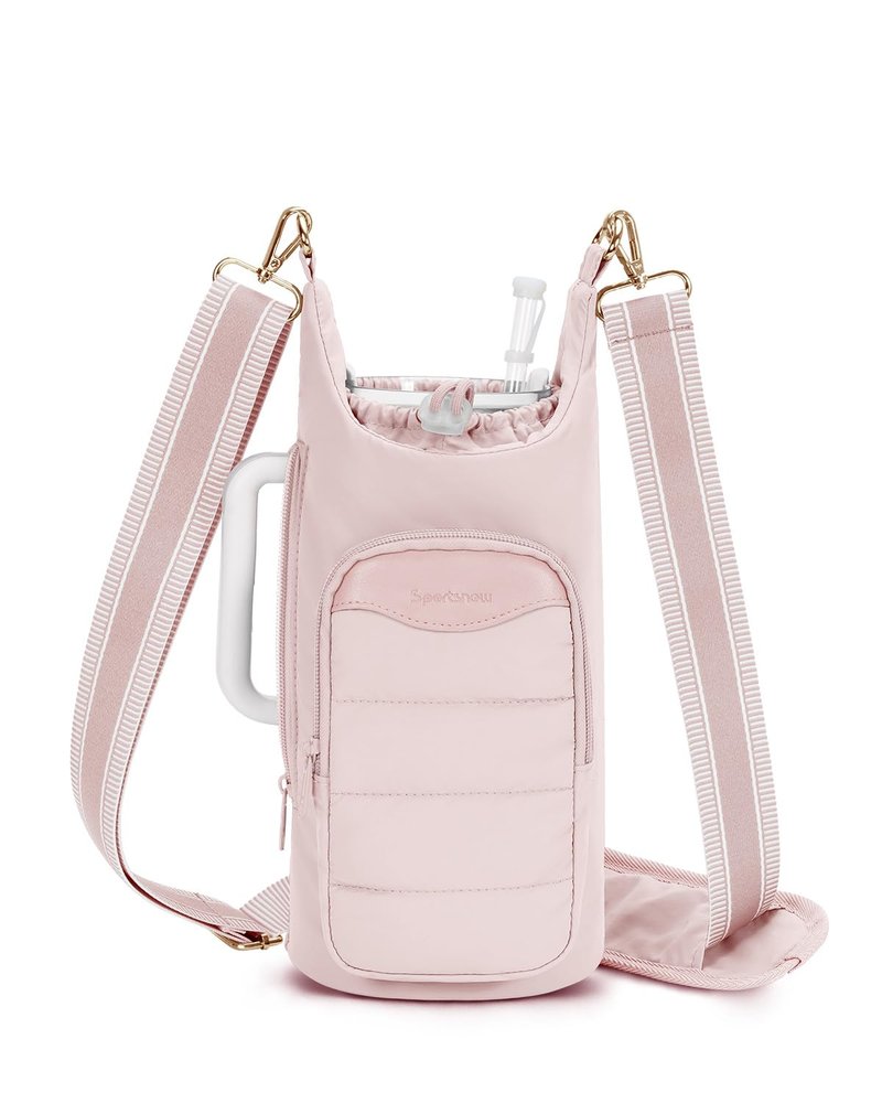 sportsnew Water Bottle Holder for 30oz/40oz Tumbler with Handle, Puffy Water Bottle Carrier Bag with Phone & RFID-Blocking Card Pocket & Drawstring Closure for Quick Access, Light Pink
