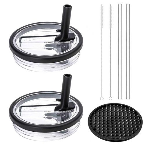 40 oz Tumbler Flip Straw Lid Replacement - Compatible with hydrojug lid replacement 40 oz. Pack of 2. It includes a silicone coaster. (black)