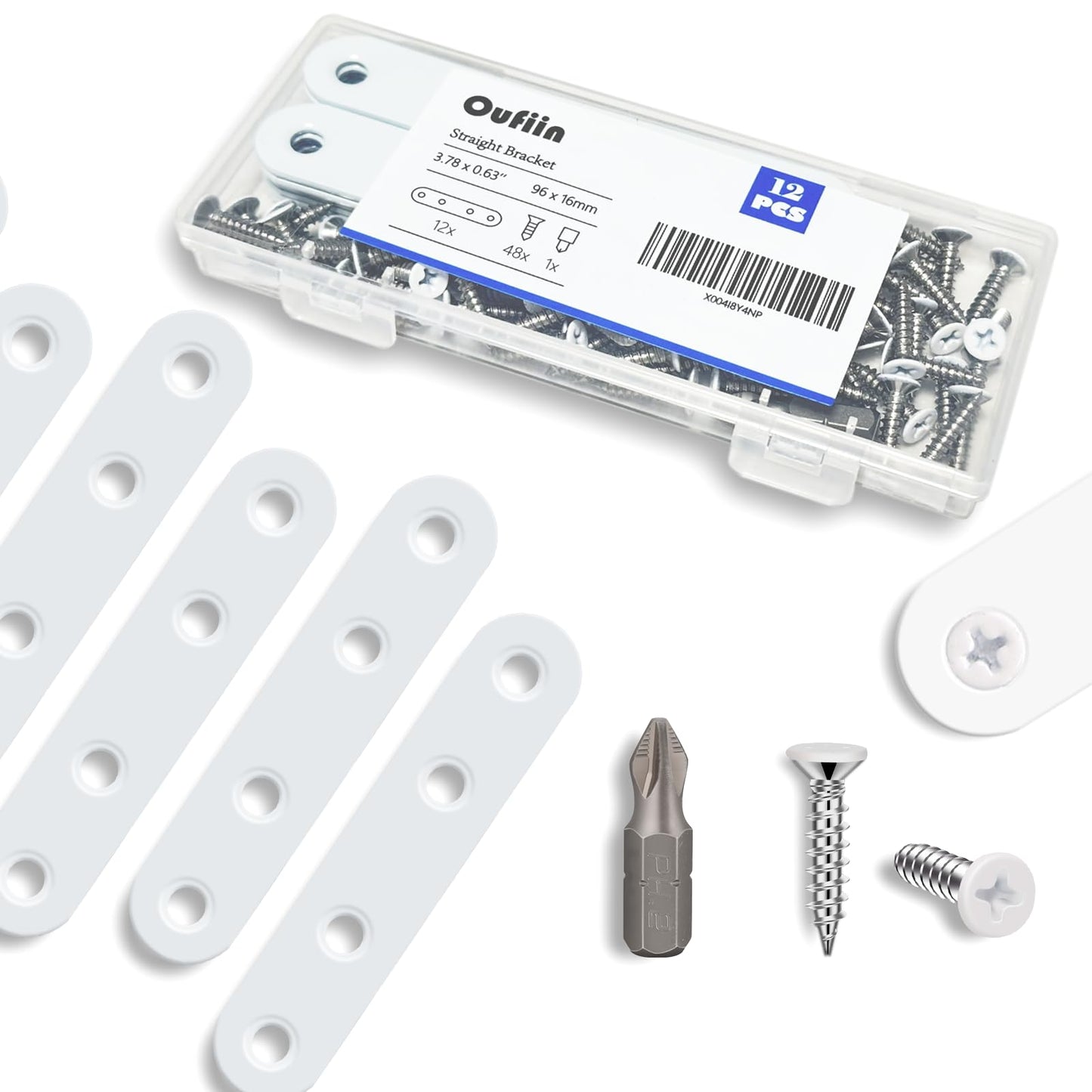 Oufiin 12Pcs White Stainless Steel Straight Braces, 3.78” Flat Brackets,Straight Bracket, Ideal for Wood, Bed Frame, Furniture & Shelves Mending,with 48Pcs White Stainless Steel Screws