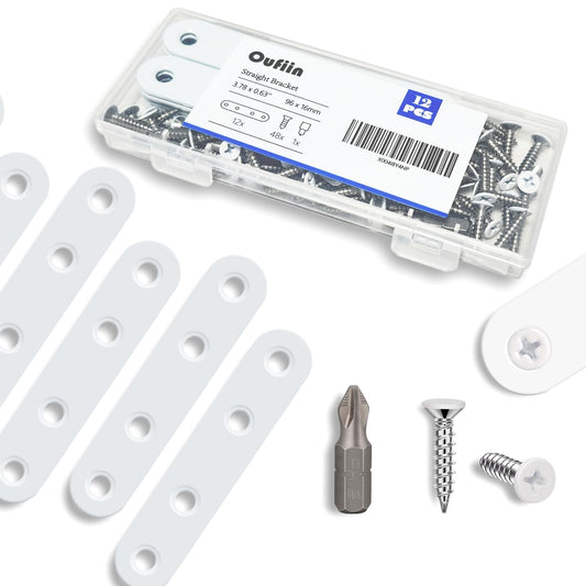 Oufiin 12Pcs White Stainless Steel Straight Braces, 3.78” Flat Brackets,Straight Bracket, Ideal for Wood, Bed Frame, Furniture & Shelves Mending,with 48Pcs White Stainless Steel Screws