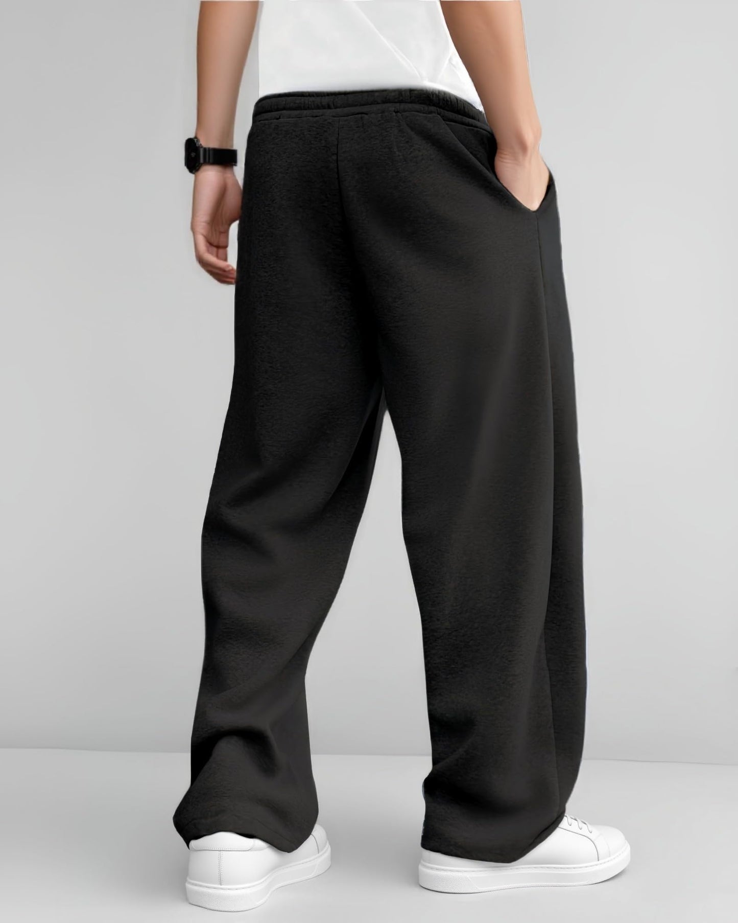 Men’s Baggy Sweatpants Wide-Leg, Elastic Drawstring Waist Casual Lounge Joggers with Deep Pockets and Cozy Fleece Black