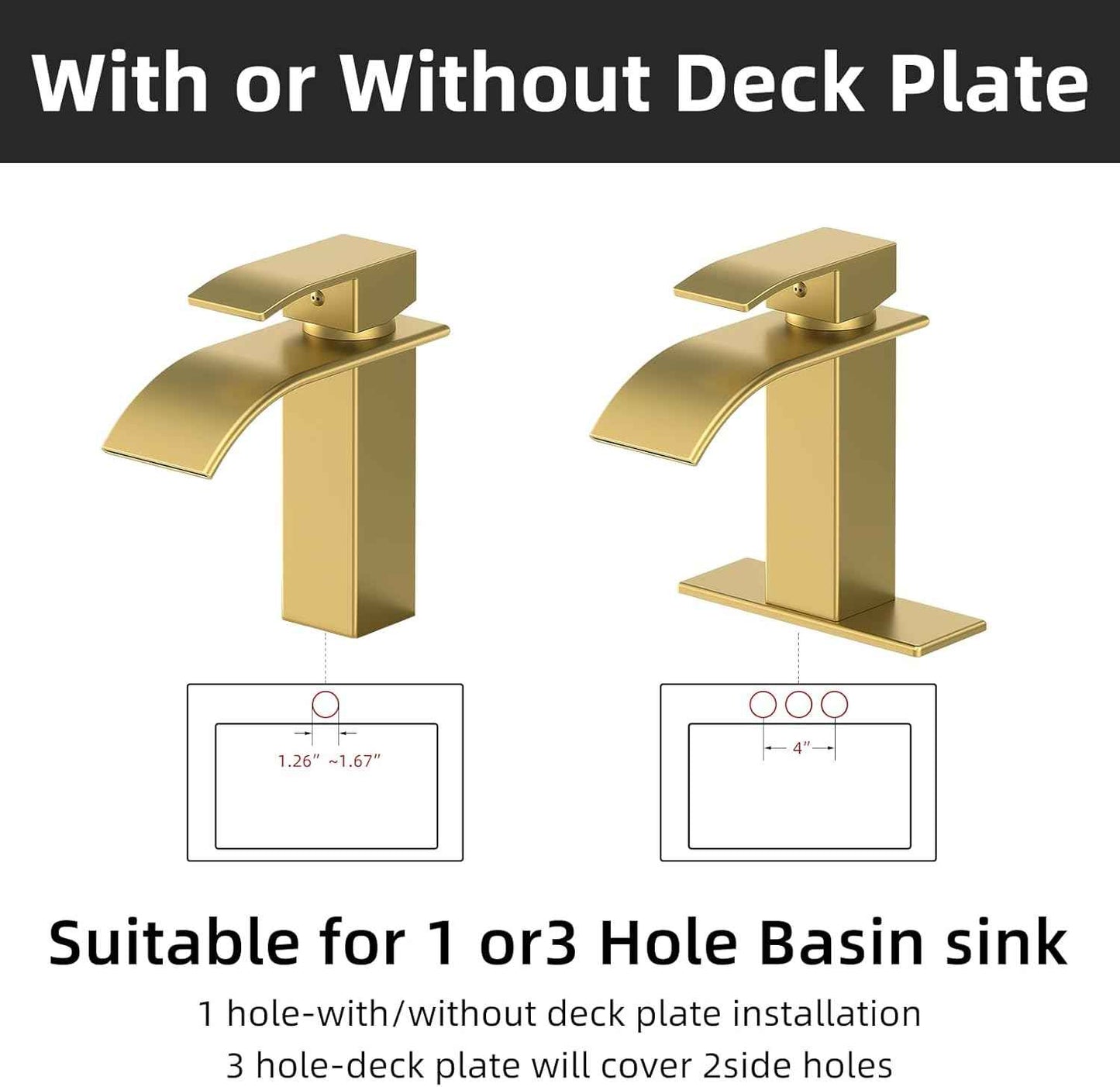 Modern Brushed Gold Bathroom Faucet with Waterfall Spout & Pop-Up Drain - Single Handle Vanity Sink Faucet