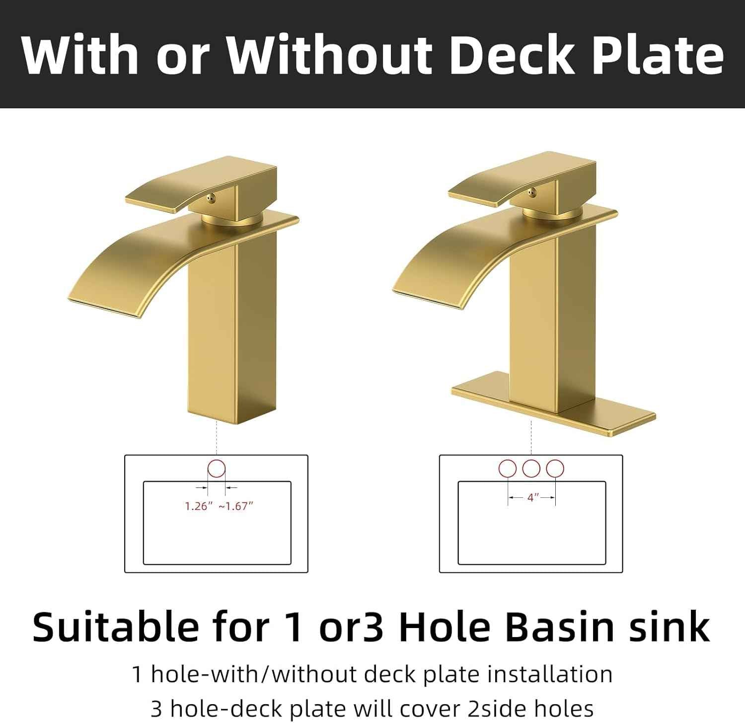 Modern Brushed Gold Bathroom Faucet with Waterfall Spout & Pop-Up Drain - Single Handle Vanity Sink Faucet