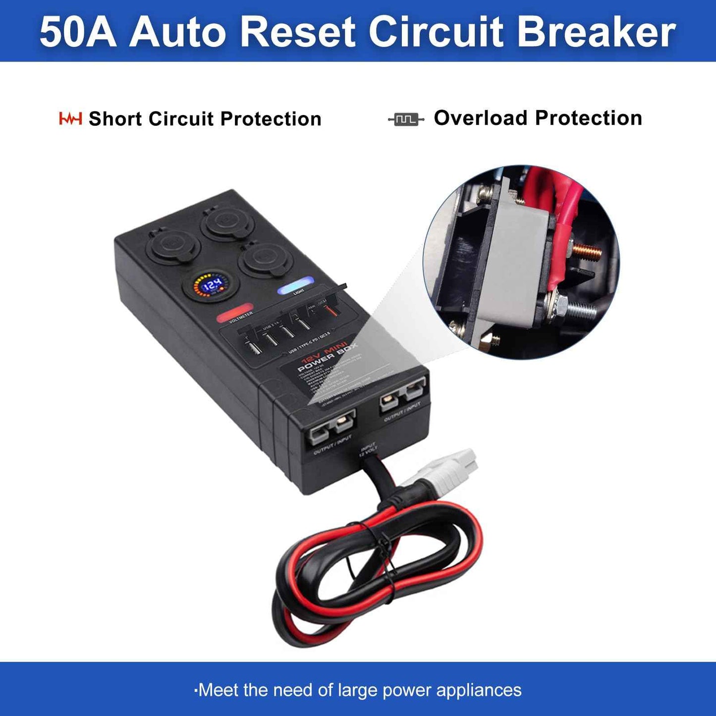 Mini Power Distribution Box 12V DC Battery Socket Max. 50A Current with 2 x Anderson, 6 x USB & 3 x Cig Sockets, Mini Battery Box for Outdoors RV Camping Fishing Emergency