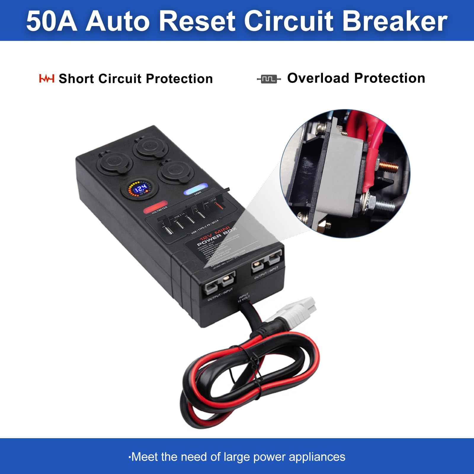 Mini Power Distribution Box 12V DC Battery Socket Max. 50A Current with 2 x Anderson, 6 x USB & 3 x Cig Sockets, Mini Battery Box for Outdoors RV Camping Fishing Emergency