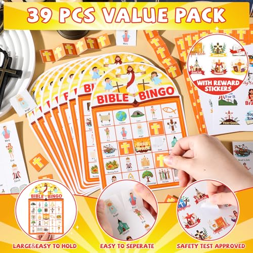 Bible Theme Bingo Game for Adults - Christian Party Game with Reward Stickers - 39 Pcs