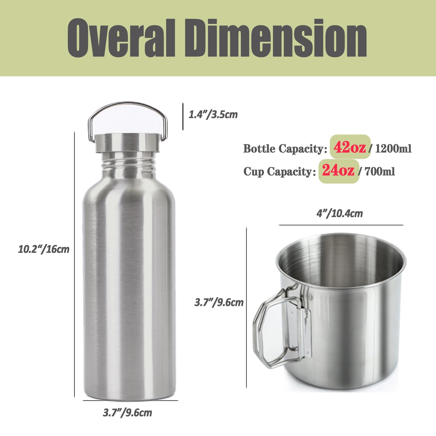 Dumatc Survivor 3-in-1 Outdoor Canteen - 42oz Single Wall Water Bottle with 24oz Nesting Camping Cup & Carrying Bag | 18/8 Stainless Steel | Wide Mouth Design | Outdoor Survival Bushcraft Gear
