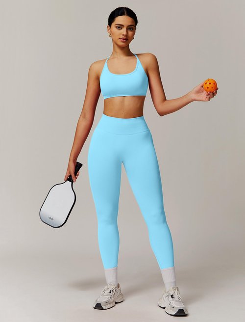 ABOCIW Two Piece Workout Sets for Women Seamless Backless Strappy Sports Bra Butt Lifting High Waist Gym Leggings Yoga Athletic Set Ice Blue Small