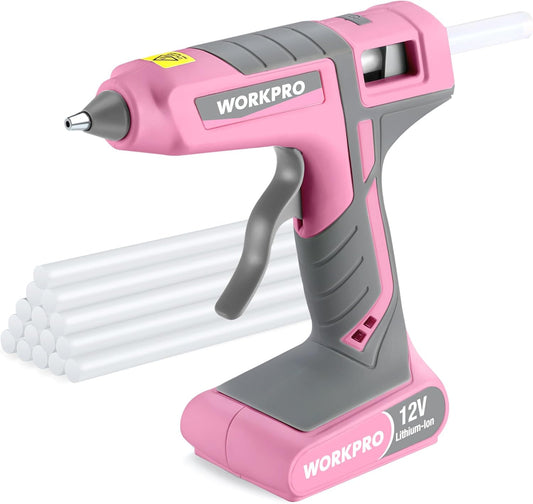 WORKPRO 12V Cordless Hot Melt Glue Gun Kit with 15 Glue Sticks - Fast Preheating, Auto Power-Off for DIY Crafts - Pink Ribbon