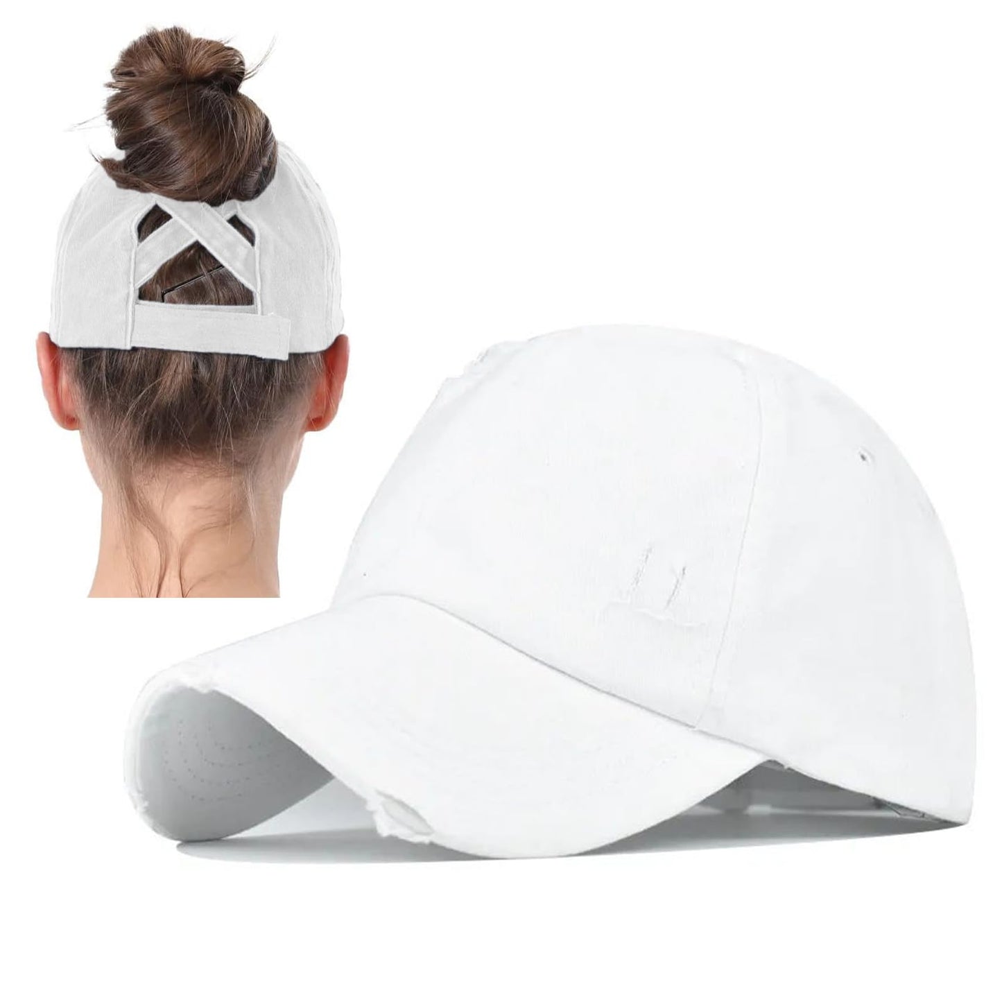 2 Packs Womens Ponytail Criss Cross Hat Baseball Cap Distressed Ponytail Hat High Messy Bun Trucker Ponycap