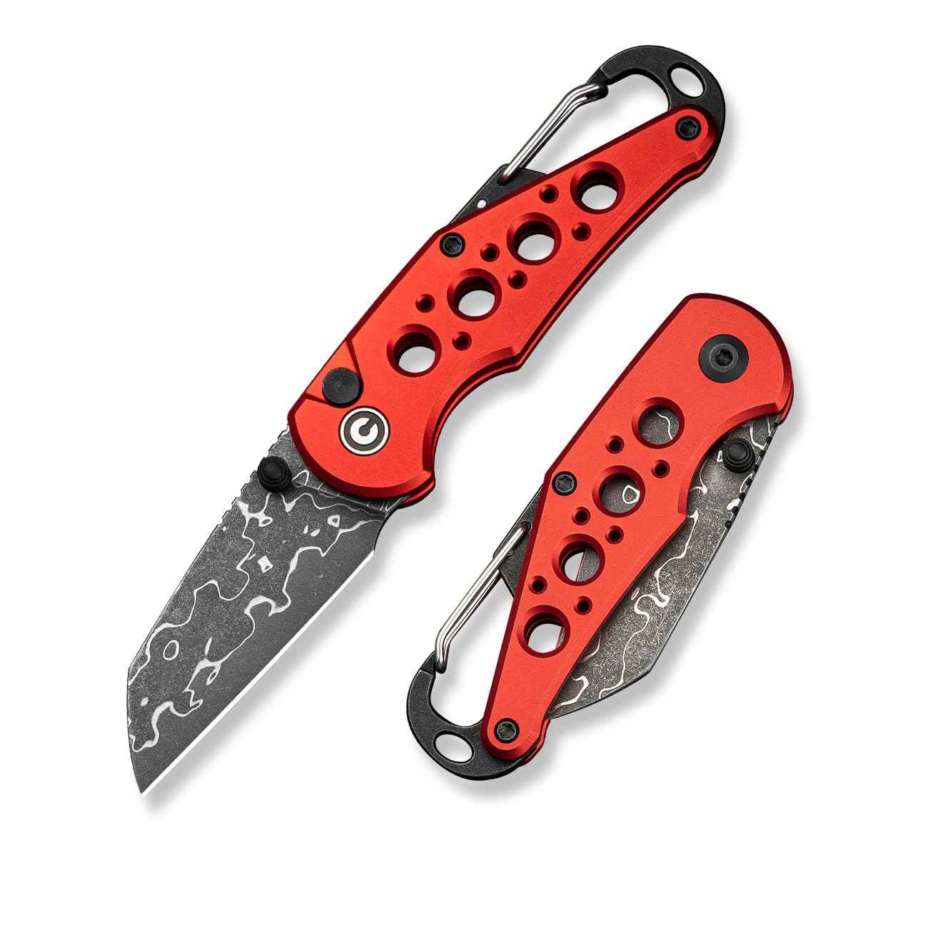 CIVIVI Pragma Folding Knife, Pocket Knife Multitool with EDC Carabiner, Bottle Opener, 2.2" Damascus Blade Aluminum Handle, Ideal Gift for Men Women C23062B-DS1 (Red)