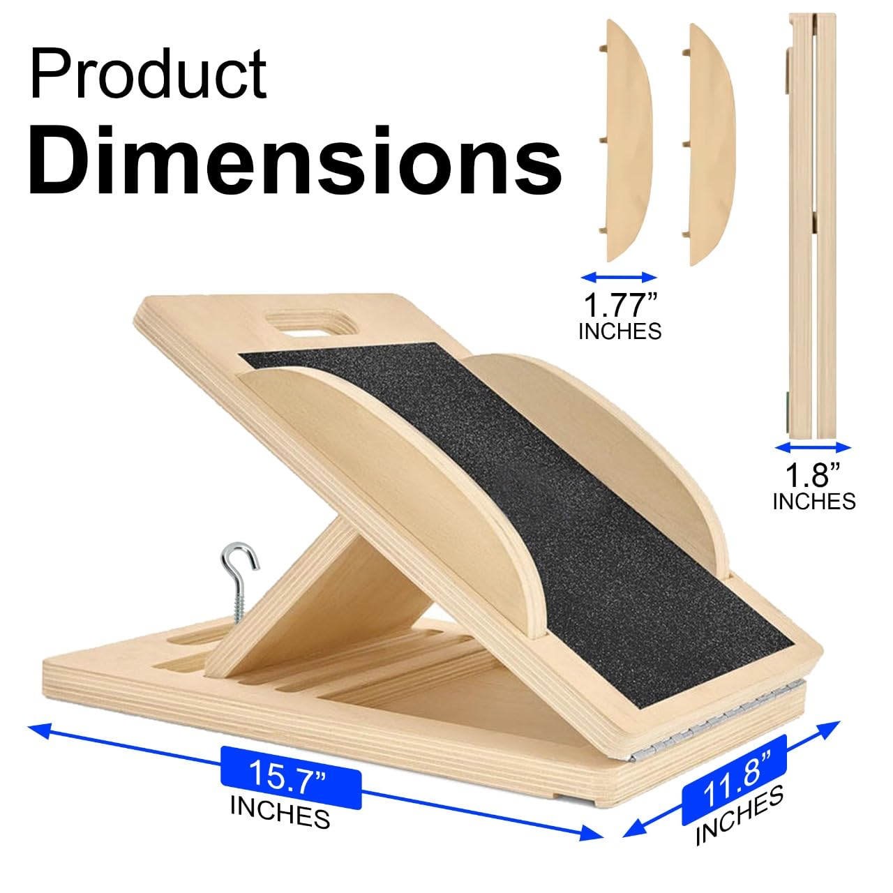3-in-1 Portable Wooden Slant Board, Balance Board & Resistance Band – 5 Incline Angles –Incline Board – Slant board for exercise, Squats, Physical Therapy – Anti-Slip Surface, Portable, Metal Hook