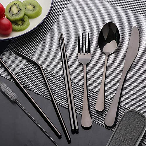 Travel Utensils Set - Reusable Portable Cutlery with Case - 8pcs Stainless Steel - Black