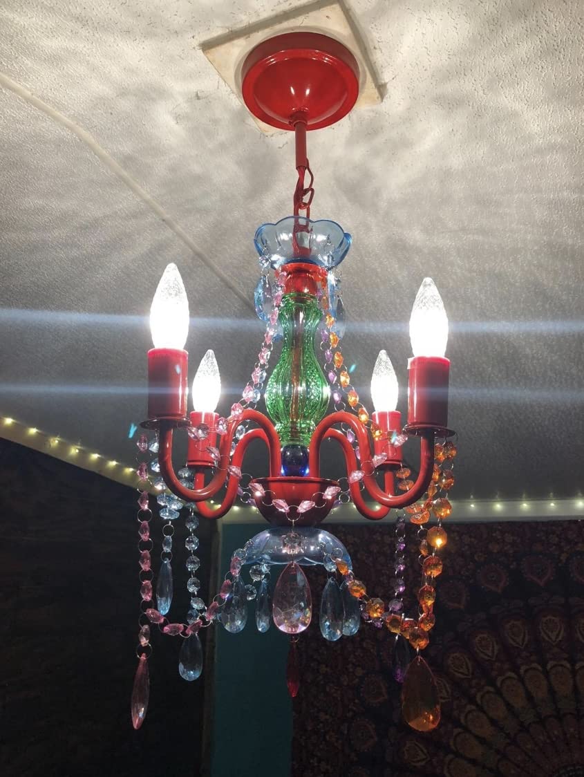 The Original Brink House Plug-in 4 Light Multicolor Hanging Swag Chandelier H17.5”xW15”, Red Metal Frame with Multicolor Glass Stem and Acrylic Crystals