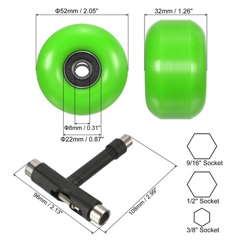 PATIKIL 52mm Skateboard Wheels and Bearings Set, 4 Pack Street Wheels for Skateboards Cruiser Wheel Replacement 95A, Green Black