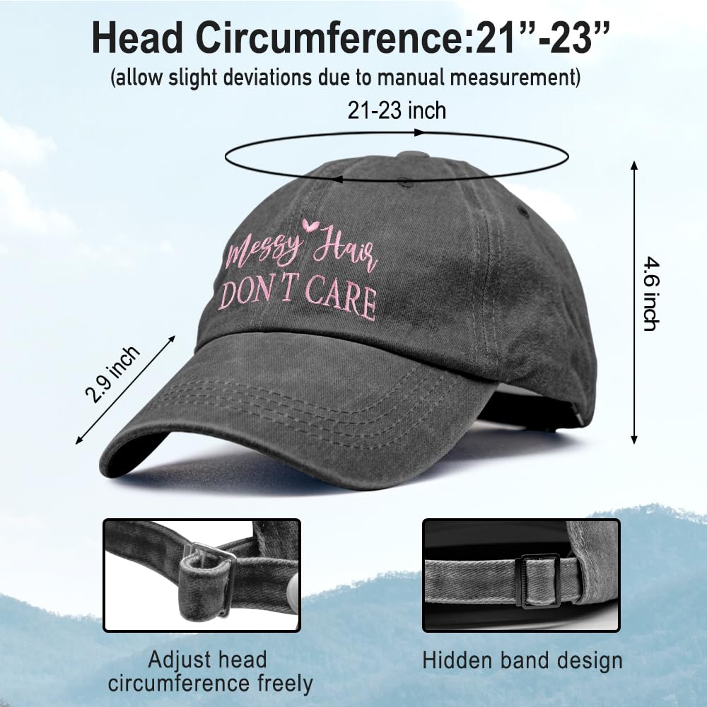 GEYGIE Messy Hair Don't Care Embroidery Adjustable Classic Washed Distressed Baseball Cap, Funny Sun Shade Sports Cap for Women, Travel Weekend Vacation Hat Gifts for Mom Aunt Grandma Sister Bestie
