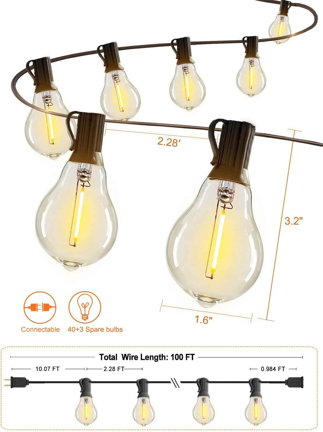 200FT Waterproof LED Outdoor String Lights with 100 Shatterproof Edison Bulbs - Dimmable Patio Decor for Backyard & Garden