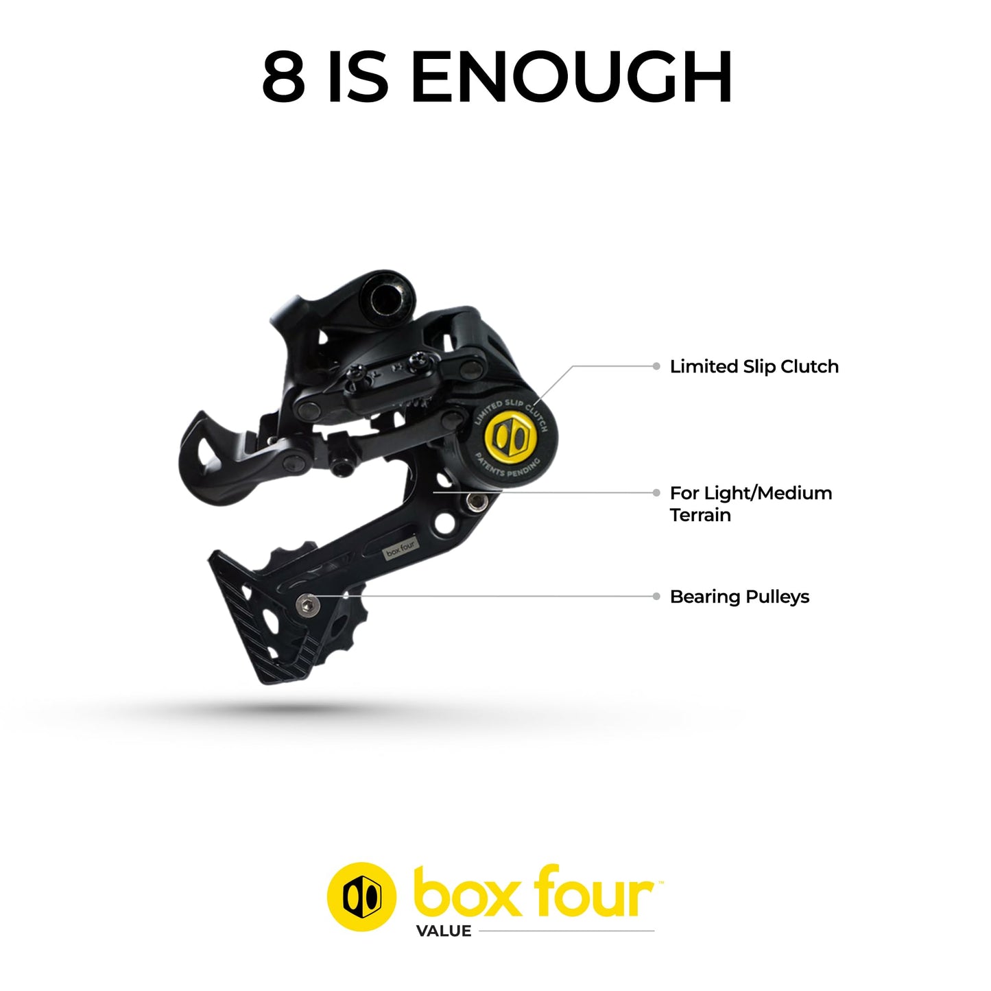Box Four 8 Speed X-Wide Rear Derailleur Bicycles MTB Hanger Non-Direct Mount for Mountain Bike, Cycling Finished Matte Onyx Sealed Bearing Pulleys | Black
