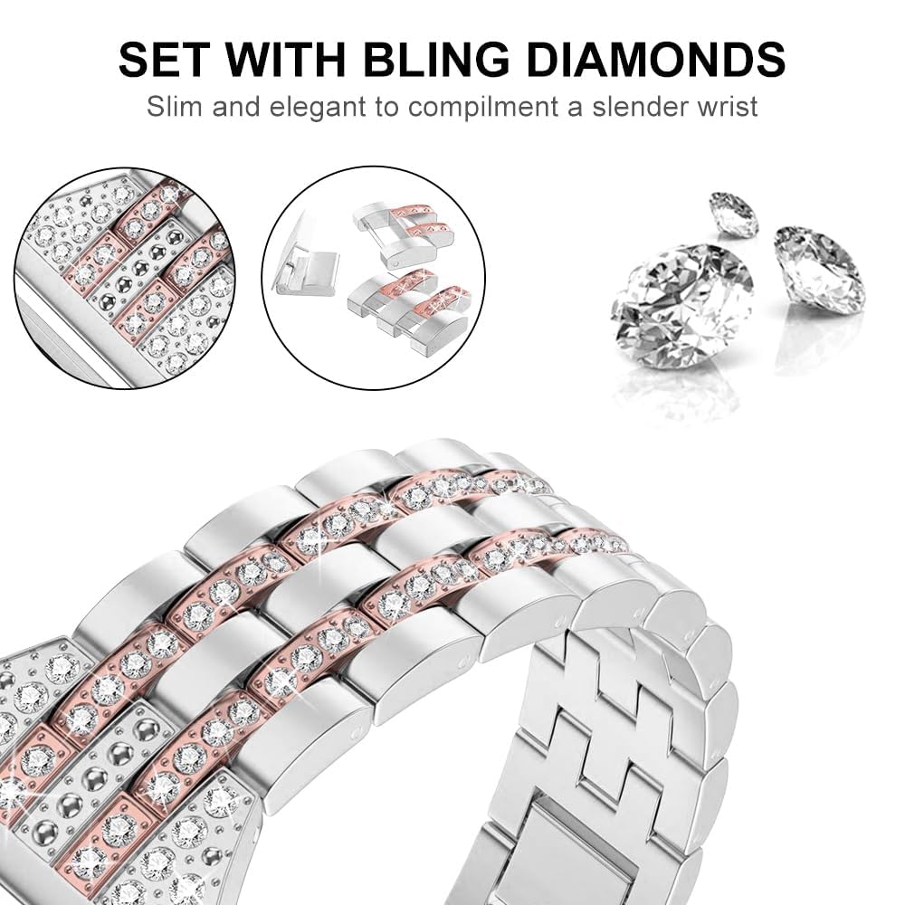 Mtozon Bling Bands Compatible with Fitbit Versa 4/Sense 2/Versa 3/Sense, Women Dressy Slim Bracelet Metal Replacement Wristbands, Silver with Rose Gold