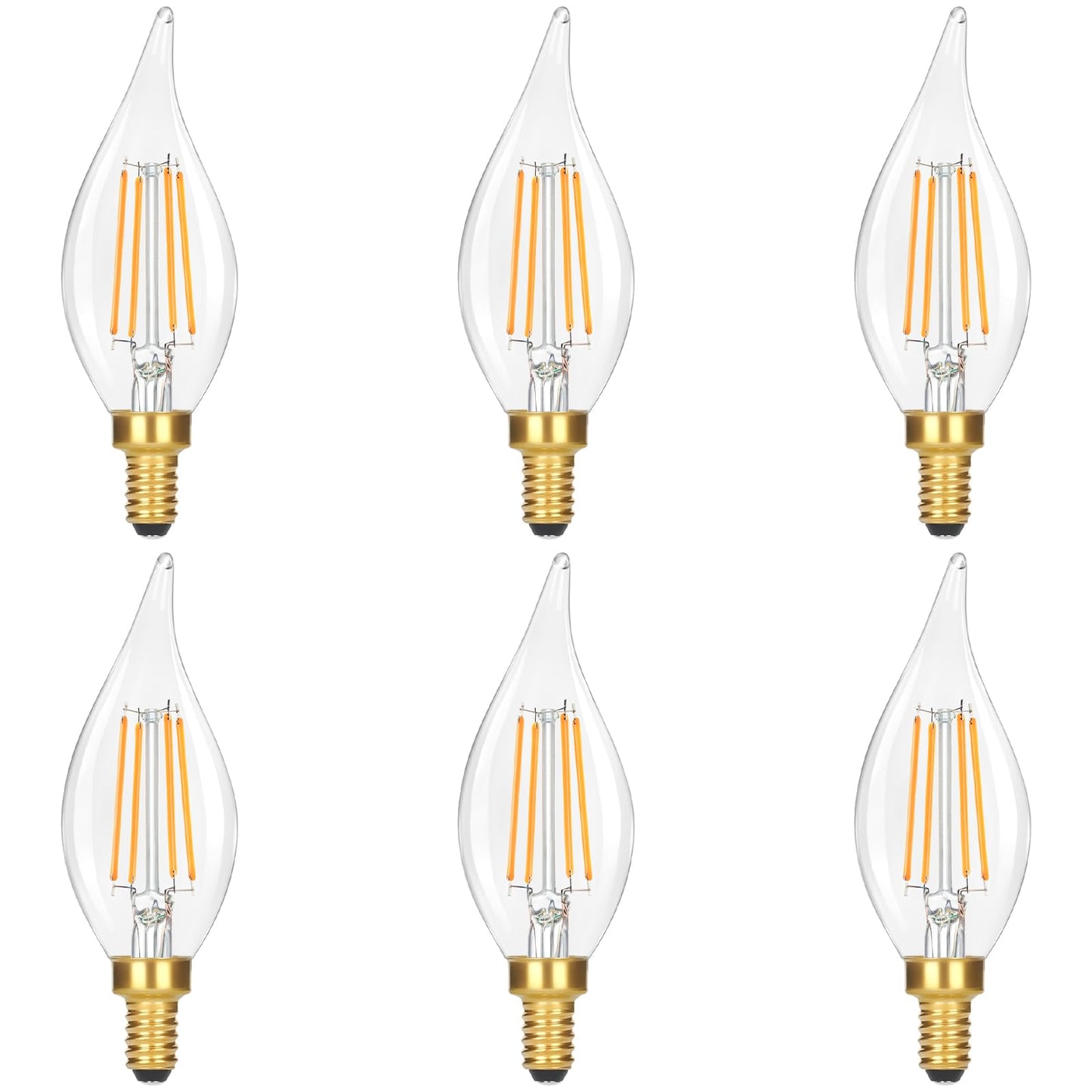 GoBright Dimmable LED Candelabra Bulbs 2700K Soft Warm White, 60W 630LM Candle Light Bulb with Vintage Flame Tip, 6W Clear Glass LED Bulbs for Chandelier, Pendant, 6-Pack