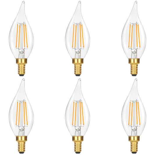 GoBright Dimmable LED Candelabra Bulbs 2700K Soft Warm White, 60W 630LM Candle Light Bulb with Vintage Flame Tip, 6W Clear Glass LED Bulbs for Chandelier, Pendant, 6-Pack