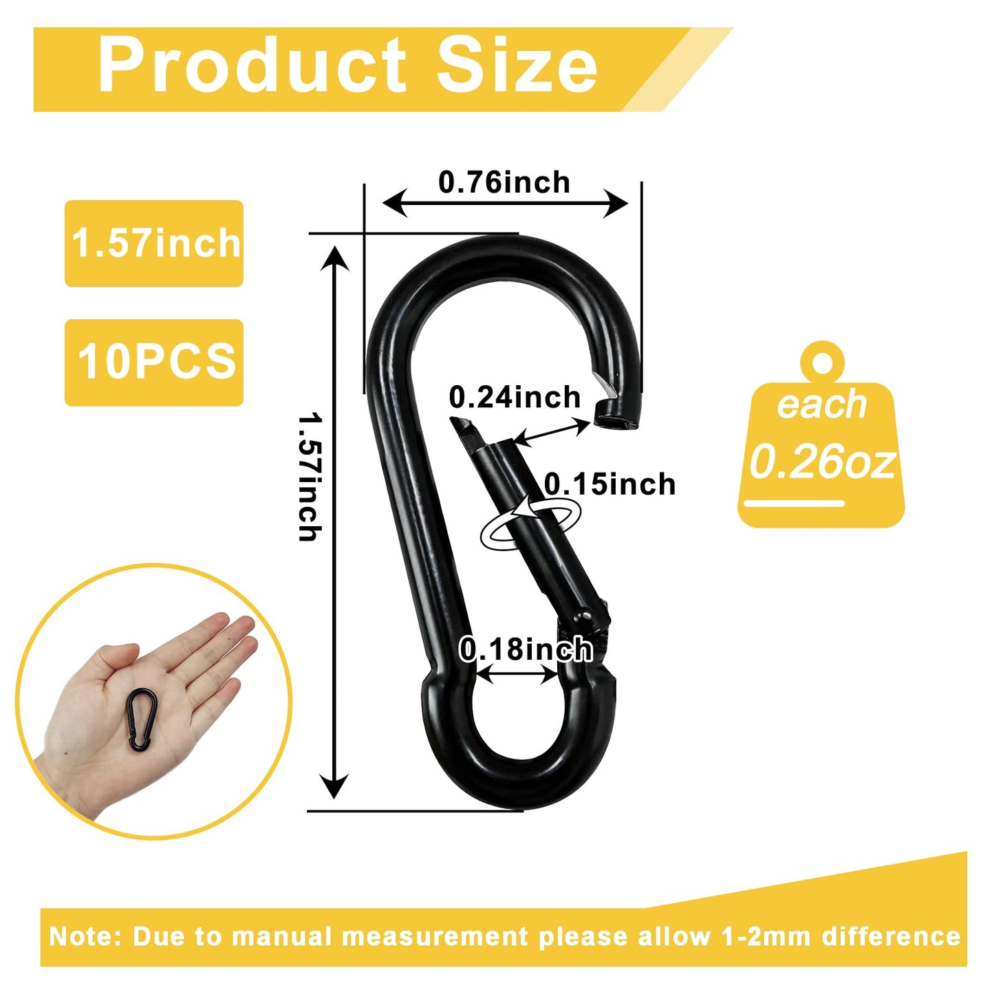 Spring Snap Hook Black Carabiner ，Sunxer Tool Small Black Carabiner Clip 1.57 inch 10 PCS Heavy Duty Carabiner Clip Qick Link for Keychain Dog Leash Locking Camping Fishing Hiking