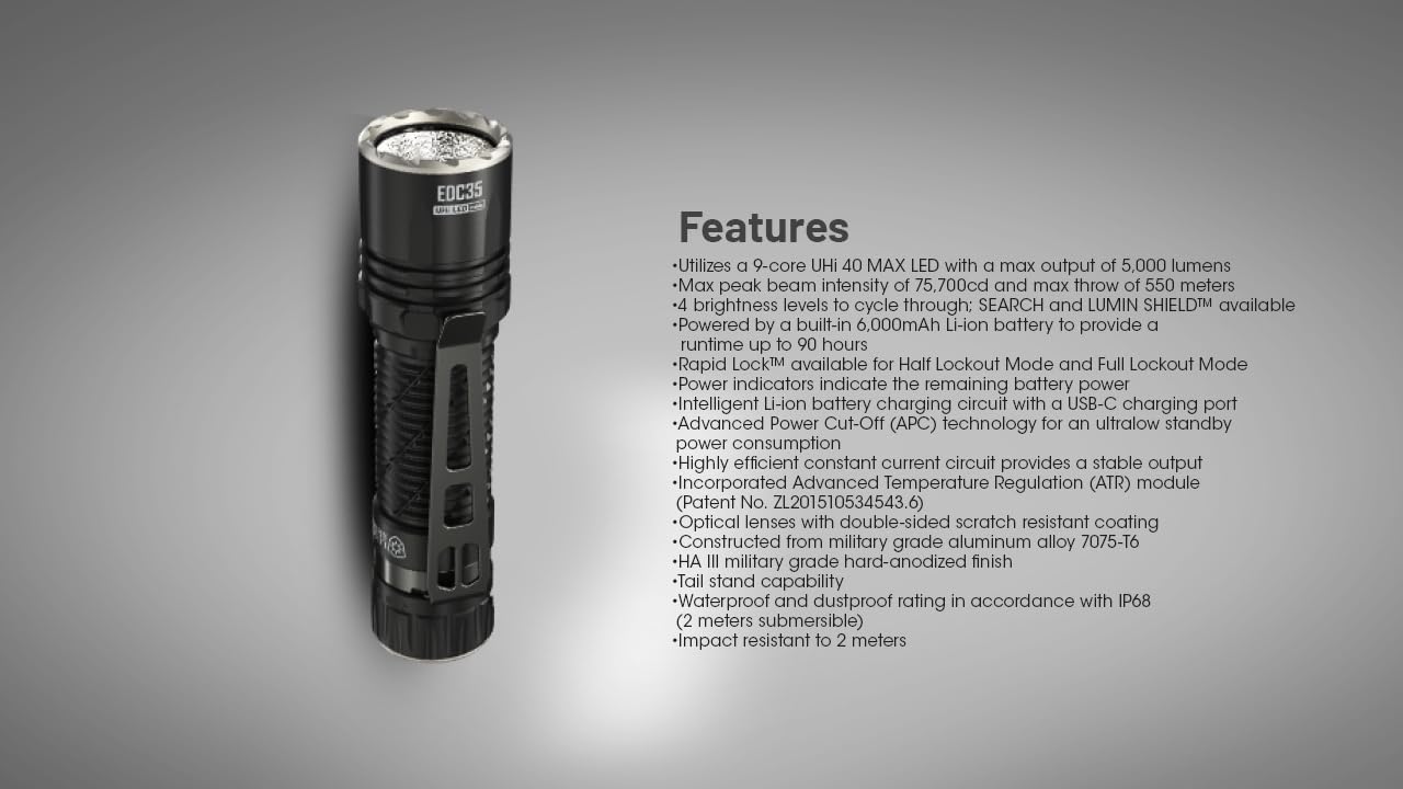 Nitecore EDC35 5000 Lumen LED USB-C Rechargeable Flood/spot Beam Tactical Flashlight, Battery, Paracord Lanyard with EdisonBright Accessory case