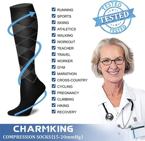 CHARMKING Compression Socks - 15-20 mmHg Support for Circulation | 8 Pairs for Running & Cycling