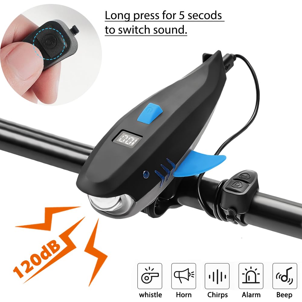 LESOVI Bike Horn with Light, 120dB Electric Bicycle Bell & 400LM Rechargeable Headlight, IPX4 Waterproof Kids Bike Accessories for Boys/Girls, Scooters, Easy Install with Battery (Black)
