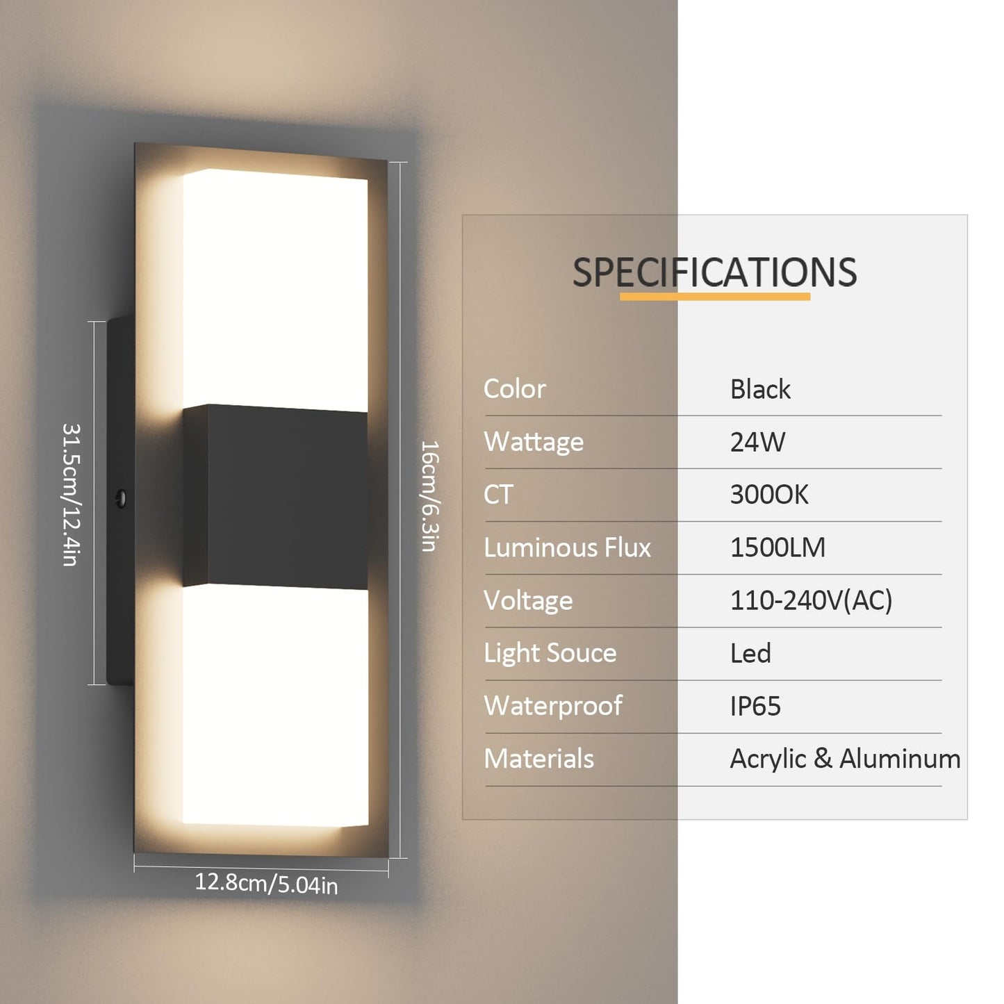 Aoceley 12inches Modern Outdoor Led Wall Light,30W 3000K Porch & Patio Hardwired Sconces with White Clear Acrylic Lampshade,IP65 Waterproof Aluminum Wall Lamp for Garage House Exterior(Black,2Pack)