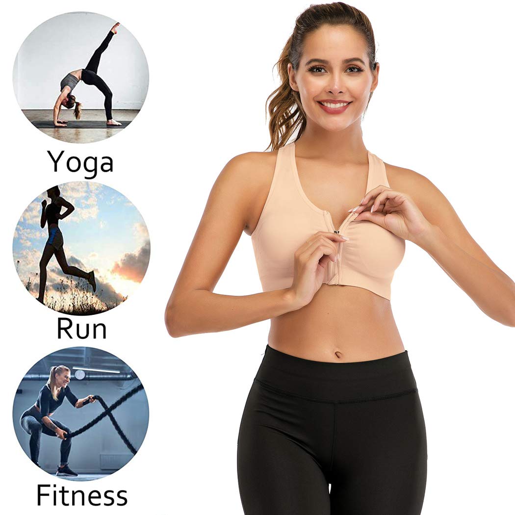 Womens Zip Front Sports Bra Wireless Post-Surgery Bra Padded Strappy Medium Support Yoga Exercise Athletic Bras Beige