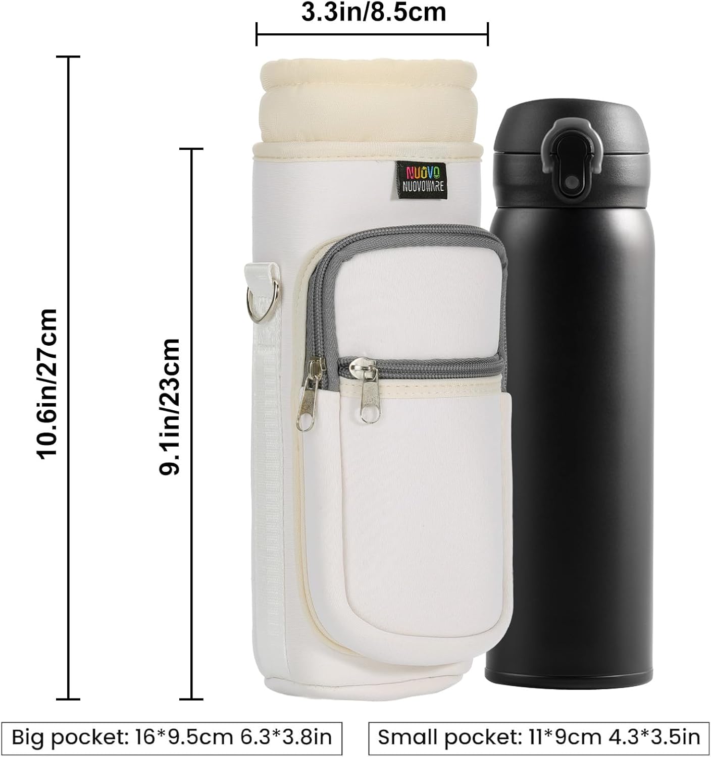 Nuovoware Water Bottle Carrier Bag - Adjustable Neoprene Sleeve with 2 Pockets for Hiking & Travel | Fits 25oz, 40oz, 64oz Bottles